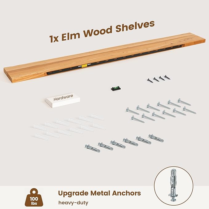Venusmiles Reclaimed Elm Wood Floating Shelf for Wall, Live Edge 72" W x 9.2" D x 1.4" H, 1 Pack Large Invisible Wall Mounted Shelf for Living Room Bedroom Kitchen Bathroom Decor, Natural Finish