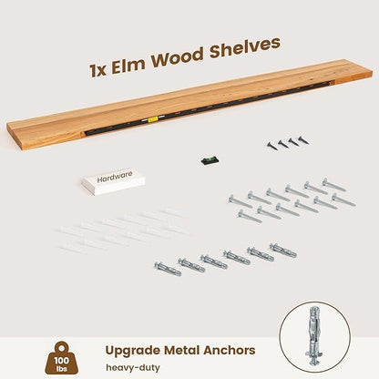 Venusmiles Reclaimed Elm Wood Floating Shelf for Wall, Live Edge 72" W x 9.2" D x 1.4" H, 1 Pack Large Invisible Wall Mounted Shelf for Living Room Bedroom Kitchen Bathroom Decor, Natural Finish