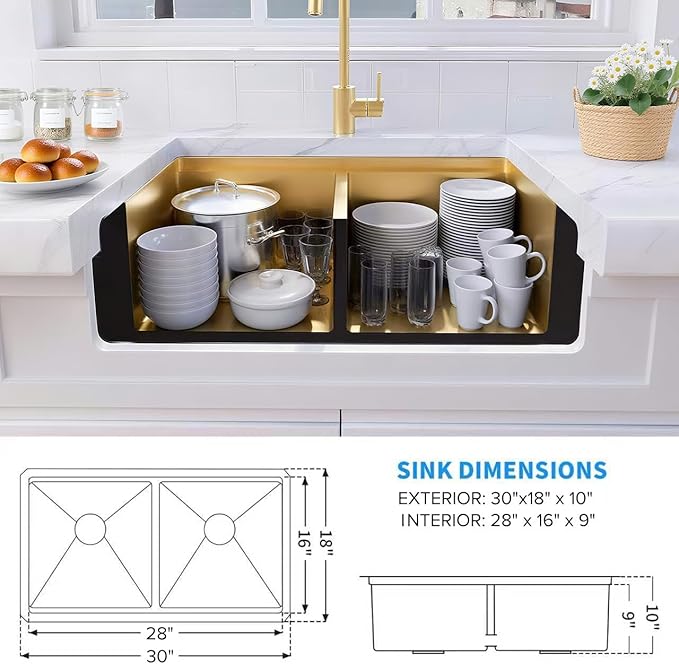 LQS Gold Kitchen Sink 30 Inch, 30” x 18” Stainless Steel Undermount Kitchen Sink, 50/50 Double Bowl with Sapele Cutting Board, Sink Grids, Sink Strainers and Fordable Roll-Up Drying Rack