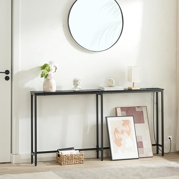 HOOBRO 63" Narrow Console Table with Charging Station, 5.9" Slim Sofa Table Behind Couch, 2 AC Outlets & USB-C Ports, Long Entryway Tables for Small Spaces, Livingroom, Black BB165UXG01G1