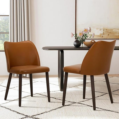 COLAMY Upholstered Dining Chairs Set of 2, PU Leather Dining Room Kitchen Side Chair with Padded Seat and Wood Legs Restaurant/Cafe,Light Brown