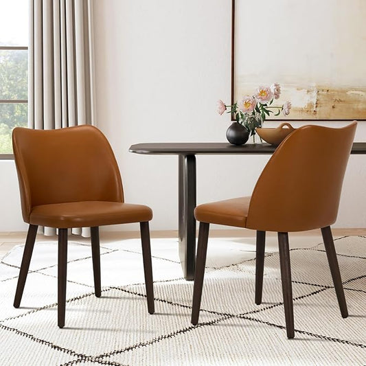 COLAMY Upholstered Dining Chairs Set of 2, PU Leather Dining Room Kitchen Side Chair with Padded Seat and Wood Legs Restaurant/Cafe,Light Brown