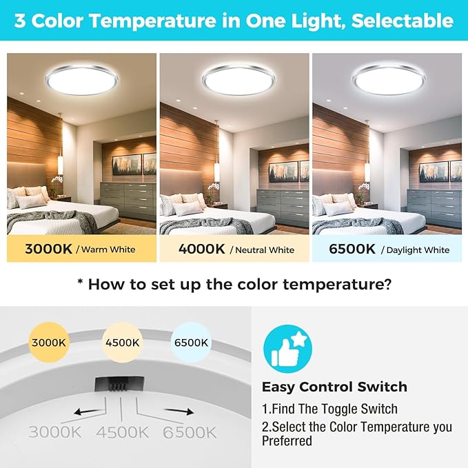 libtit 6Pack Led Ceiling Light 13Inch, 24W 2400Lm Bright Light Fixture Brushed Nickel, Adjustable 3000K/4500K/6000K, Modern Slim Flat Ceiling Lamp for Living Room Bedroom Hallway