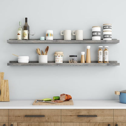 FLYJOE 48 Inches Long Floating Shelves for Wall, Solid Pine Wood Picture Ledge Shelves, Wall Shelves with Lips, Nursery Book Shelves for Toys Storage Living Room Bedroom Photo Frames (2 Pcs, Grey)
