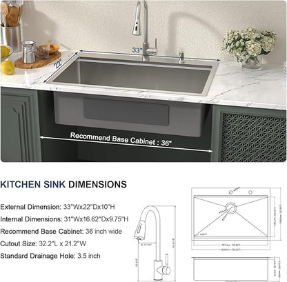Lordear 33x22 Inch Drop In Kitchen Sink With Faucet - 33 Kitchen Sink With Faucet Combo Workstation 16 Gauge Stainless Steel Single Bowl Topmount Basin with All Accessories, 33x22x10 Inch