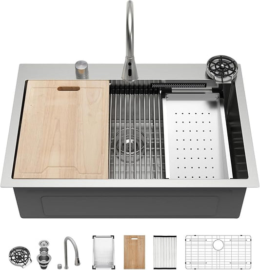 Kichae 33" x 22" Waterfall Sink Drop In - 33x22 Drop In Waterfall Kitchen Sink 304 Stainless Steel 16G Handmade Single Bowl Workstation Sinks with Faucet Combo & Glass Rinser