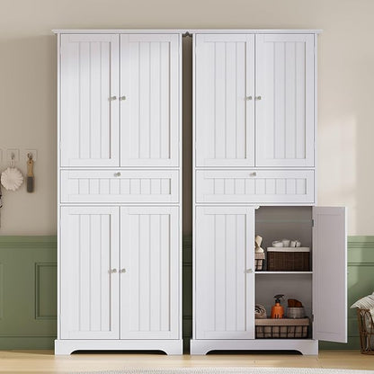ChooChoo 72" H Tall Bathroom Floor Cabinet, Modern Bathroom Storage Cabinet with Drawer and Adjustable Shelves, Freestanding Kitchen Pantry Cupboard with 4 Doors for Living Room, White