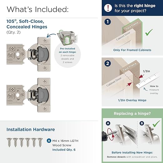 Amerock 2 Pack 1/2 inch Overlay Soft-Closing Compact Concealed Hinge for Face Frame Cabinet, 105-degree Opening Angle with 3-Way adjustability