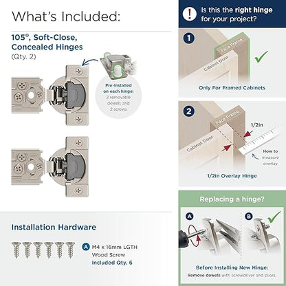 Amerock 2 Pack 1/2 inch Overlay Soft-Closing Compact Concealed Hinge for Face Frame Cabinet, 105-degree Opening Angle with 3-Way adjustability