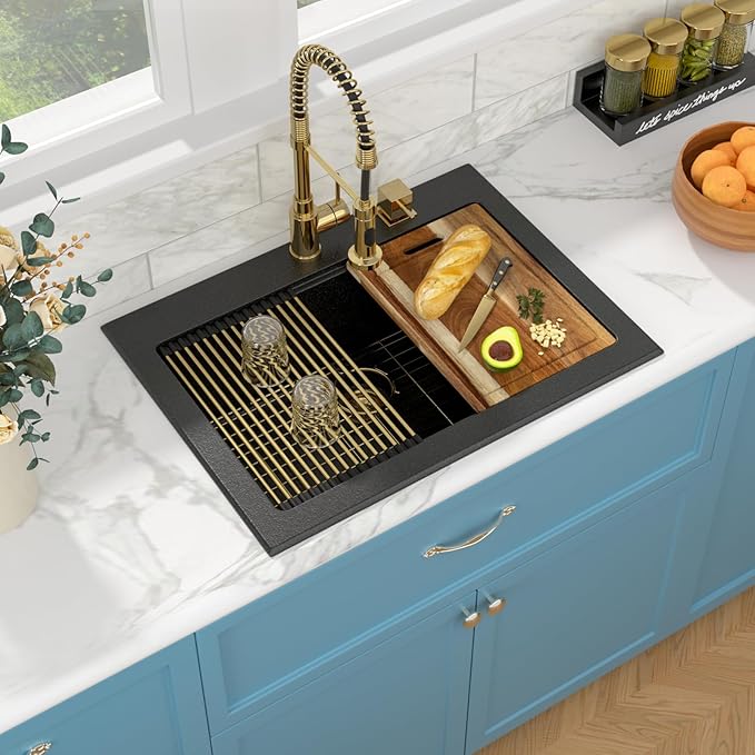 Sarlai 30 Granite Composite Black Kitchen Sink - 30"x22" Drop In Kitchen Sink Ledge Workstation Black Granite Quartz Composite Top-Mount Single Bowl Sinks Basin with Gold Accessories