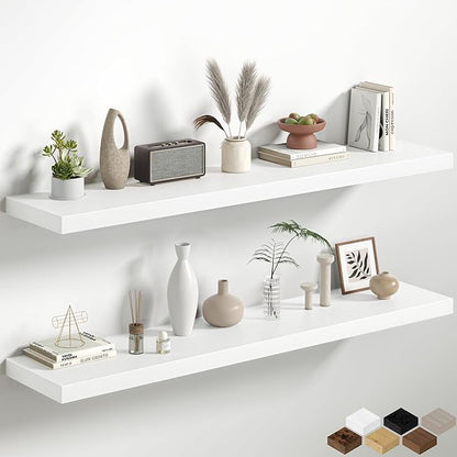 White Floating Shelves for Wall, 55 Inch Floating Shelves Set of 2, Wall Mounted Rustic Wood Shelf for Bathroom, Living Room, Bedroom and Kitchen, Hanging Shelf for Storage, Books, Home Decor