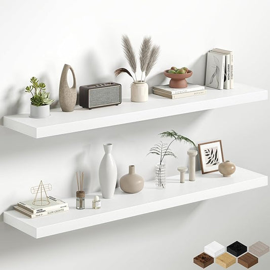 White Floating Shelves for Wall, 55 Inch Floating Shelves Set of 2, Wall Mounted Rustic Wood Shelf for Bathroom, Living Room, Bedroom and Kitchen, Hanging Shelf for Storage, Books, Home Decor