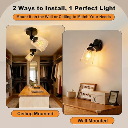 HiBay 1-Light Black Track Lighting Fixture, Ceiling or Wall Mount Adjustable Spotlight with Glass Shade, Modern Farmhouse Industrial Light for Bathroom Vanity, Bedroom, Hallway, E26 Base