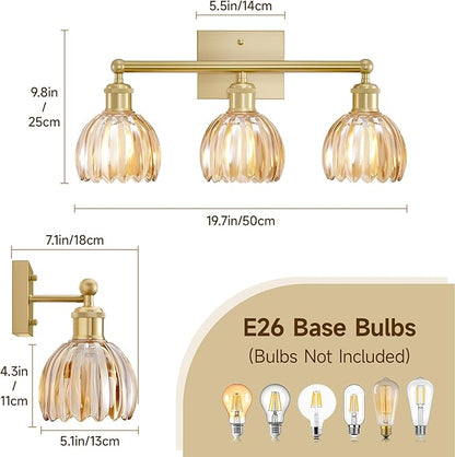 Bathroom Vanity Light 3 Light, 20 in Brushed Brass Bathroom Light Fixtures, Vintage Wall Sconces,Bath Vanity Lights Over Mirror with Amber Tulip Glass Shade for Bedroom Living Room,E26 Base