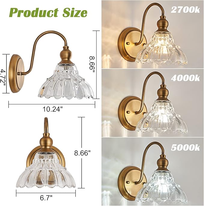 2-Pack Vintage Wall Sconces Brass Bathroom Vanity Lighting Fixtures Beautiful Wall Light Set of Two for Bedroom Bathroom Hallway Living Room