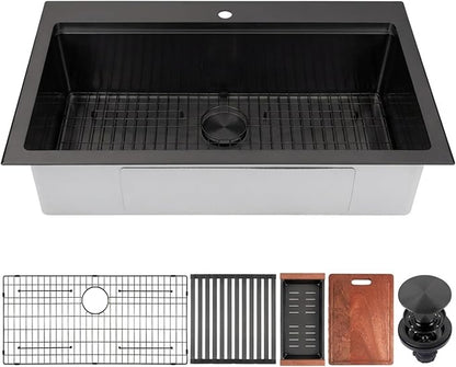 Black Drop In Kitchen Sink 36" X 22",Top Mount 16 Gauge Stainless Steel Workstation Sink,Deep & Large Single Bowl Kitchen Sinks (Black, 36" X 22")