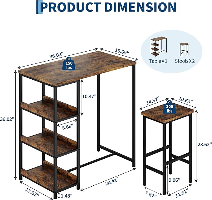 GarveeHome 3-Piece Kitchen Table Set with Storage Shelves & 2 Bar Stools - Iron and Wood Dining Table for Small Spaces, Apartments, Condos, Rustic Brown