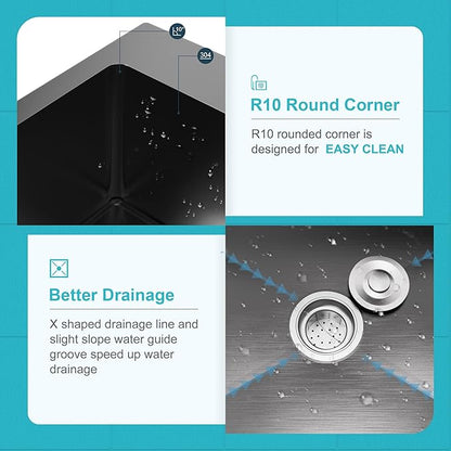 20" x 16" Drop in Kitchen Sink 304 Stainless Steel Single Bowl Topmount Bar Sink with Drain Kit and Bottom Grid, Black
