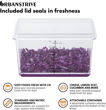 Urbanstrive Cheese Grater With Container, Professional Cheese Grater with Handle, Stainless Steel Graters for Kitchen Handheld, Box Grater with 4 Sides for Vegetables, Ginger, Potatoes (Purple)