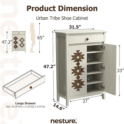 5-Tier Shoe Cabinet with Drawers, Wooden Shoe Storage Cabinet with Adjustable Shelves,Simple Tribal Style Freestanding Walnut Shoe Cabinet Suitable for Entrance,Corridor,Cloakroom,White