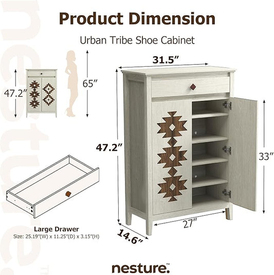 5-Tier Shoe Cabinet with Drawers, Wooden Shoe Storage Cabinet with Adjustable Shelves,Simple Tribal Style Freestanding Walnut Shoe Cabinet Suitable for Entrance,Corridor,Cloakroom,White