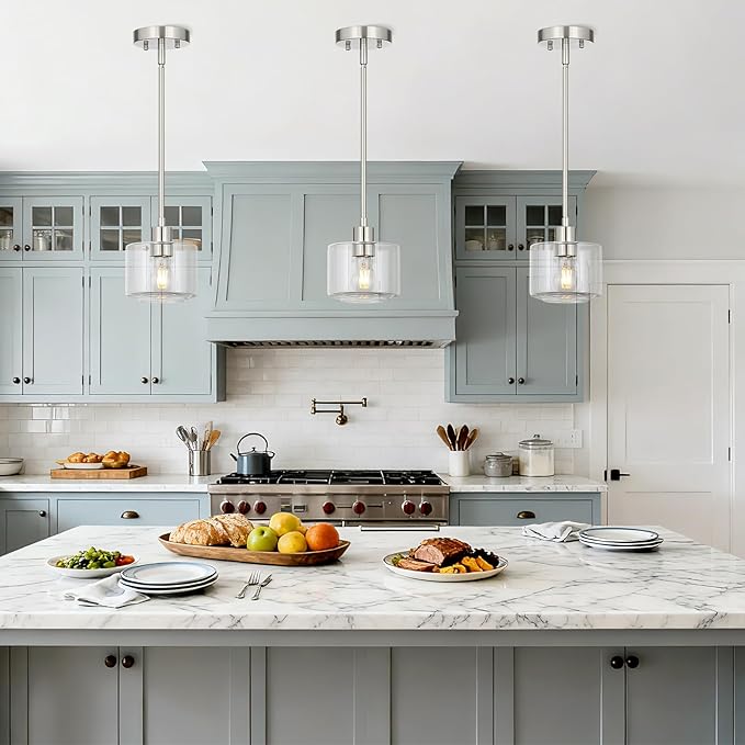 Brushed Nickel Pendant Lights Kitchen Island, 1-Light Modern Clear Glass Hanging Light Fixtures with Rods, Mini Kitchen Pendant Lighting Over Island for Sink Bathroom, OS-YQ8153-1PBNC