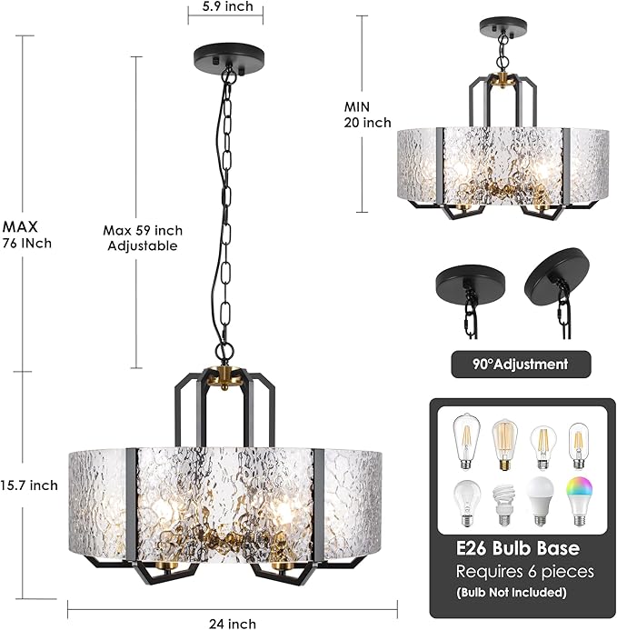 COCOSTAR Modern Glass Drum Chandeliers for Dining Room,6 Lights Farmhouse Crystal Chandelier,24" Vintage Foyer Lighting Fixtures,Black and Gold Pendant Lights for Kitchen Island,Bedroom,Living Room