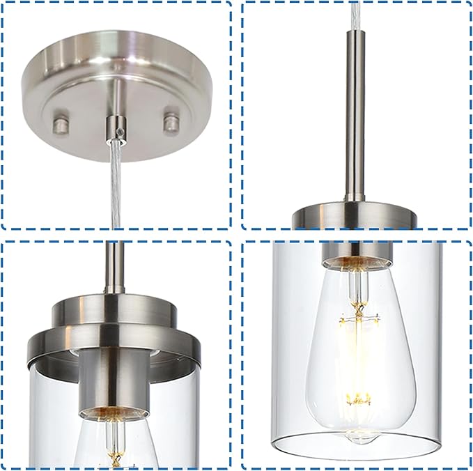 MELUCEE 1-Light Small Glass Pendant Lights Brushed Nickel, Adjustable Hanging Lamp Ceiling for Dining Room Kitchen Island, Mini Chandelier with Clear Glass Shade