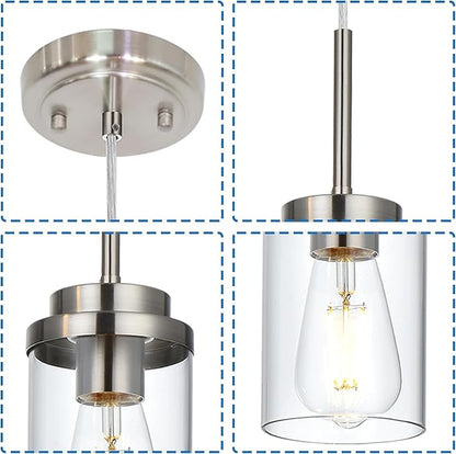 MELUCEE 1-Light Small Glass Pendant Lights Brushed Nickel, Adjustable Hanging Lamp Ceiling for Dining Room Kitchen Island, Mini Chandelier with Clear Glass Shade