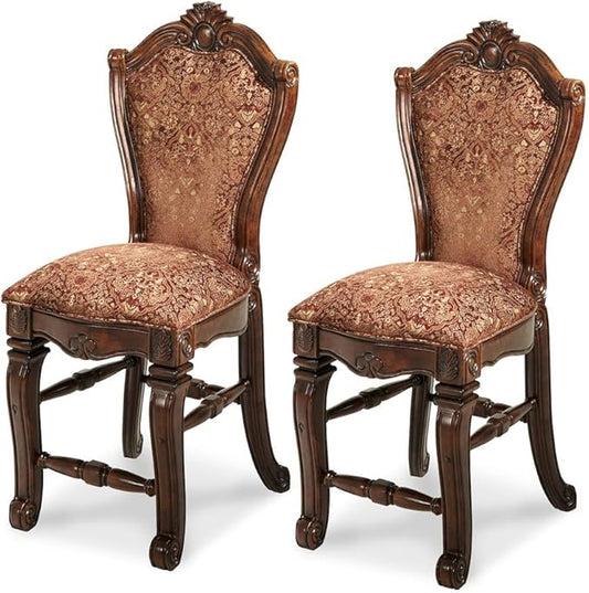 Michael Amini Windsor Court Brown Counter Height Chair Solid Wood Frame Bronze Jacquard Upholstery Set of 2 Comfortable Rubberwood Seating for Kitchen Island