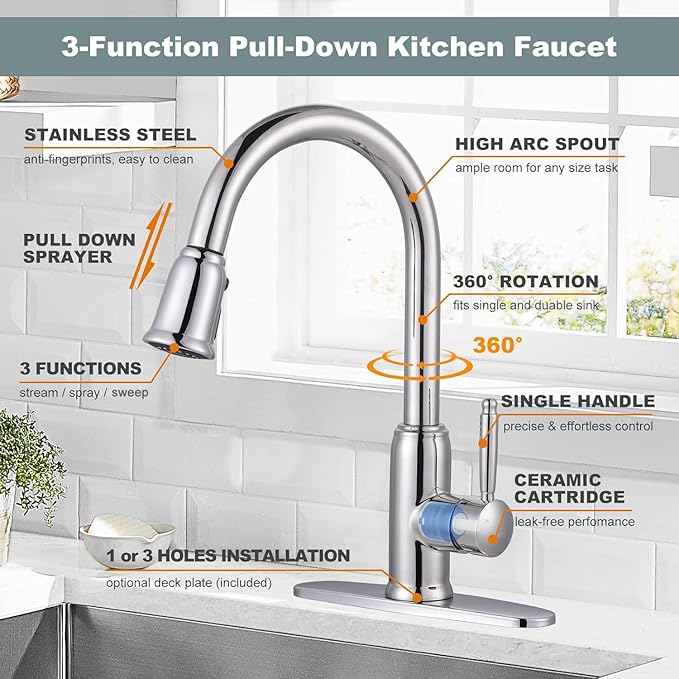 WOWOW Chrome Kitchen Faucet with Sprayer: 304 Stainless Steel Kitchen Sink Faucet for 1 or 3 Hole, High Arc Single Handle Mixer Taps with Deck Plate, Vintage Style