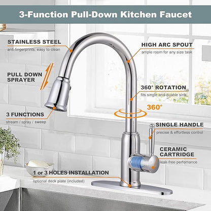 WOWOW Chrome Kitchen Faucet with Sprayer: 304 Stainless Steel Kitchen Sink Faucet for 1 or 3 Hole, High Arc Single Handle Mixer Taps with Deck Plate, Vintage Style