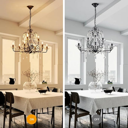 WUZUPS 9-Light Crystal Candle Chandelier Pendant Flushmount Ceiling Light Modern Lighting Fixture for Bedroom Hallway Bar Kitchen Bathroom, H 18.1" x W 25.6", Black, E12 Base