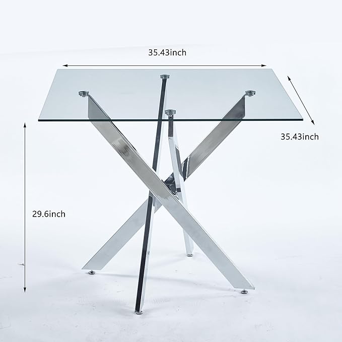 36" Square Dining Table for 2 3 4 People, Modern Dining Table with Silver Chrome Metal X-Shaped Legs, Small Glass Kitchen Tables Family Dinner Tables for Home Office Living Room