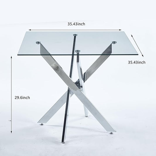 SSLine 35.4" Square Glass Dining Table for 2-4 Modern Clear Glass Tabletop Kitchen Table for 4 Luxury Dinner Tables with Silver Metal Legs for Home Kitchen Dining Room(Table Only)