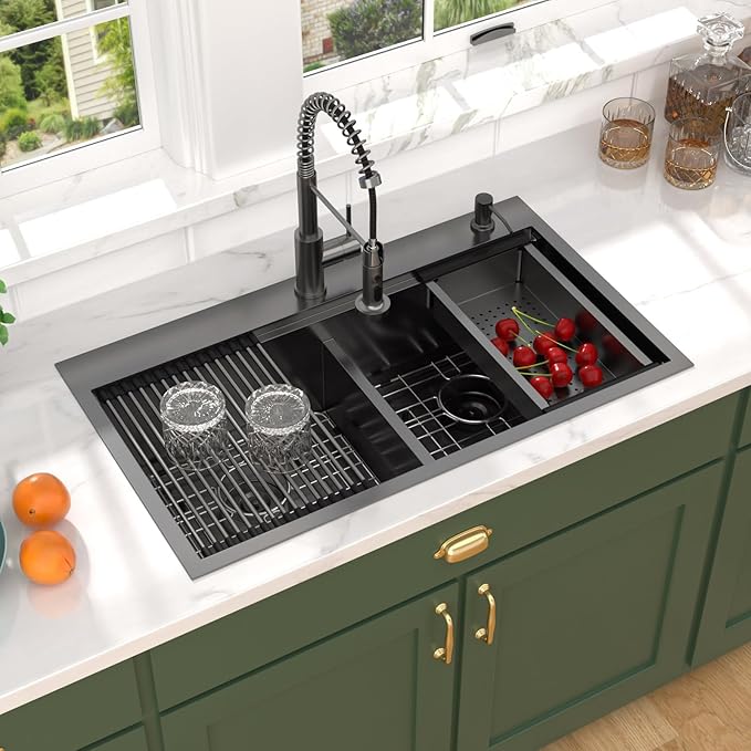 36 Inch Drop-In Double Bowl Kitchen Sink with Faucet, 16 Gauge 304 Stainless Steel 50/50 Low Divide Workstation All-In One Large Sink with Accessories Gunmetal Black #TL-FDOE00094