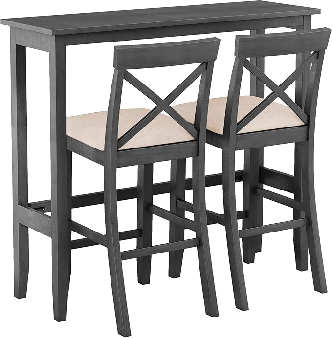 3 Piece Dining Table Set, Farmhosue Kitchen Bar Table Set with 2 Upholstered Chairs, Solid Wood Bar Table and Chairs Set for Kitchen, Dining Room, Living Room, Home Bar, Grey