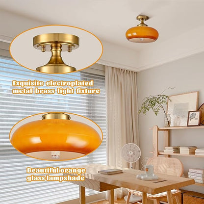 Vintage Glass Flush Mount Ceiling Light - 2 Pack Orange Light Fixture Ceiling Mount with Seeded Glass Vintage Design Rustic Ceiling Light Fixture for Closet Entryway Farmhouse