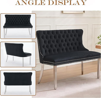 45.6in Upholstered Dining Bench, Mid-Century Modern Kitchen Room Bench with Tufted Back and Metal Legs, Velvet Small Sofa Couch Bench, Black