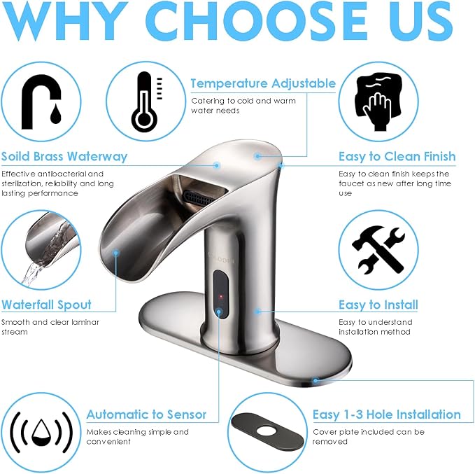 Automatic Sensor Touchless Waterfall Bathroom Sink Faucet, Modern Electronic Sensor Lavatory Faucet, Brushed Nickel Hands Free Vanity Faucets with Control Box and Temperature Mixer