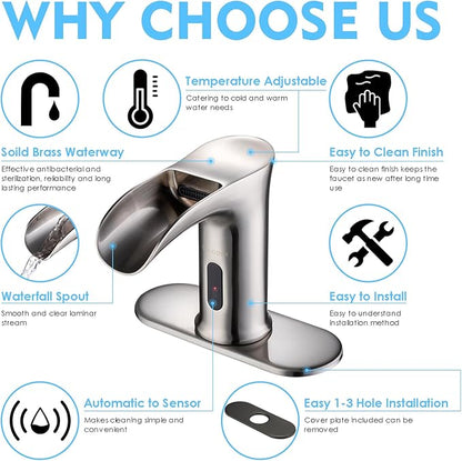 Automatic Sensor Touchless Waterfall Bathroom Sink Faucet, Modern Electronic Sensor Lavatory Faucet, Brushed Nickel Hands Free Vanity Faucets with Control Box and Temperature Mixer