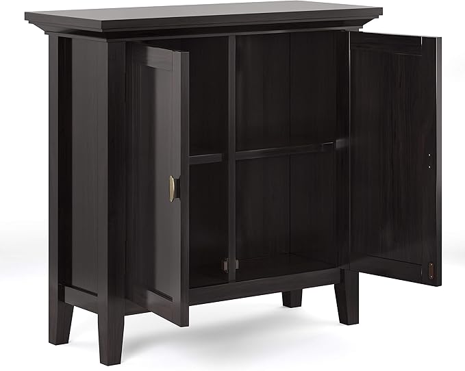 SIMPLIHOME Redmond Storage Cabinet - 32 inch Wide Solid Wood 2-Shelf Low Storage Cabinet in Hickory Brown, Transitional Accent Cabinet for Entryway with Adjustable Shelves and Tapered Legs