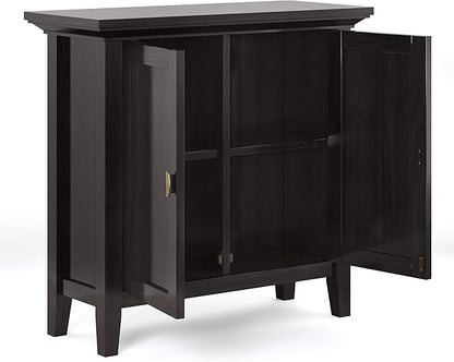 SIMPLIHOME Redmond Storage Cabinet - 32 inch Wide Solid Wood 2-Shelf Low Storage Cabinet in Hickory Brown, Transitional Accent Cabinet for Entryway with Adjustable Shelves and Tapered Legs