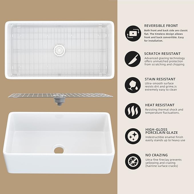 White Farmhouse Sink 33 inch Fireclay Apron Front Farm Sink Large Capacity Deep Single Bowl Kitchen Sinks with Accessories Protective Bottom Grid and Strainer