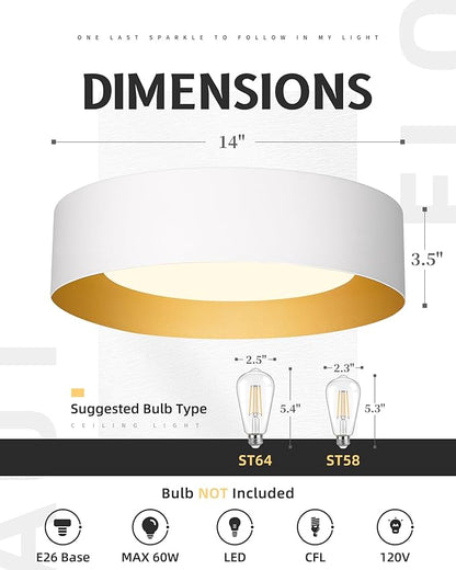 AUTELO Close to Ceiling Light Fixture, 14" Frosted Glass Shade Flush Mount Ceiling Light in White Finish E26 Socket for Living Room Hallway Bedroom C3336XS WH