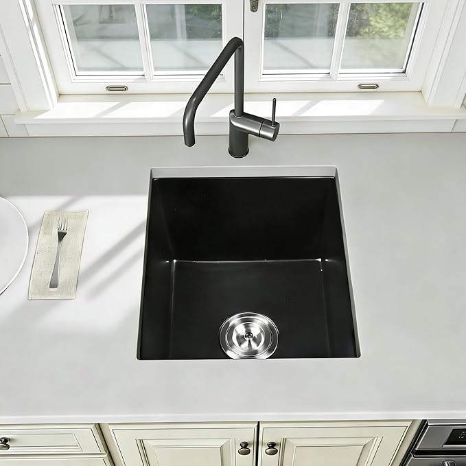 Black Bar Sink Undermount,15 X 17 inch Small Composite Bar Sink,Granite Kitchen & Bar Sinks (Black, 15" X 17")