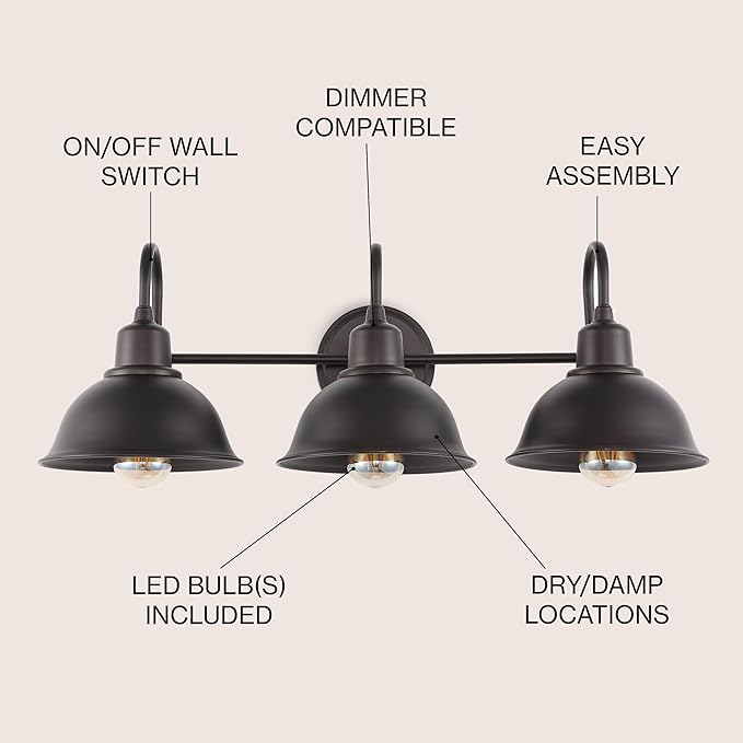 JONATHAN Y 27" Oil Rubbed Bronze Farmhouse Industrial 1-Light LED Vanity Wall Sconce for Bathroom Mirror Kitchen, Metal Shade, Dimmable Vintage Lighting, LED Bulb Included (JYL7483B)