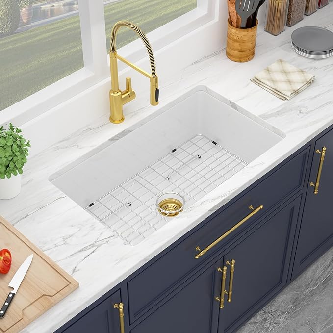 Kichae 30 Inch White Undermount Sink Fireclay 30x18 Inch Dual Drop in & Undermount Kitchen Sink Porcelain Ceramic Single Bowl Deep Basin