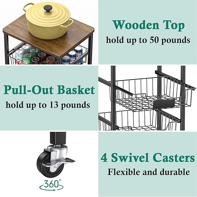 XYZLVSI Kitchen Storage Cart with Wheels, 4-Tier Metal Utility Rolling Cart Fruit Vegetable Storage Basket Pantry Rack with Wood Top & Pull Out Baskets for Kitchen, Livingroom, Diningroom, Office