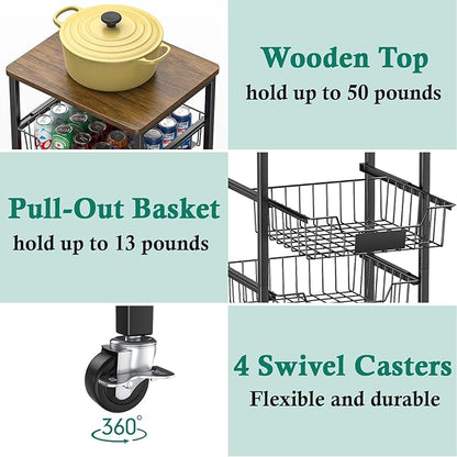 XYZLVSI Kitchen Storage Cart with Wheels, 4-Tier Metal Utility Rolling Cart Fruit Vegetable Storage Basket Pantry Rack with Wood Top & Pull Out Baskets for Kitchen, Livingroom, Diningroom, Office